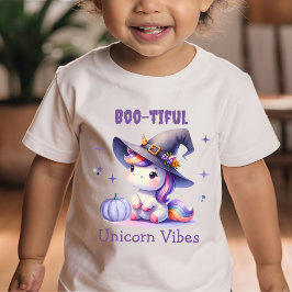 かわいいハロウィンユニコーンブー美しい雰囲気の女の子 ベビーTシャツ