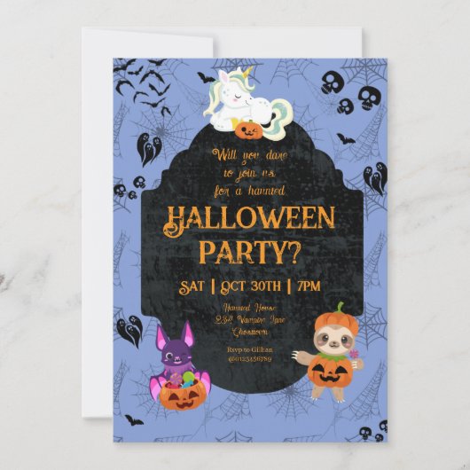 かわいいハロウィンユニコーン、コウモリ、ナマケモノパーティー 招待状 (正面)