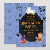 かわいいハロウィンユニコーン、コウモリ、ナマケモノパーティー 招待状 (正面/裏面)