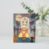 かわいいハロウィンヴァンパイアと猫をトリックまたは治療 ポストカード (スタンド正面)
