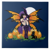 かわいいハロウィン妖精のカボチャ畑の黒猫 タイル (正面)