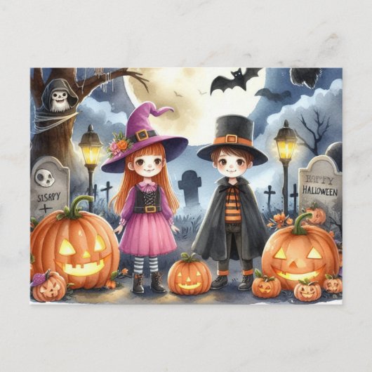 かわいいハロウィン子供水彩画 ポストカード (正面)