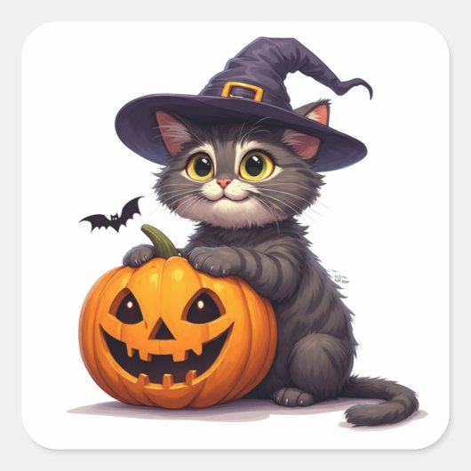 かわいいハロウィン子猫と魔女の帽子 🎃 スクエアシール (正面)