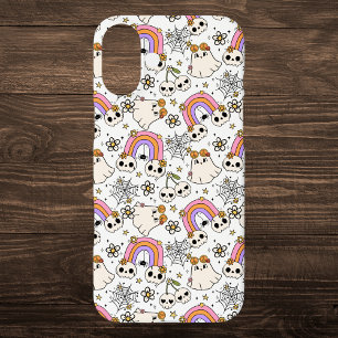 かわいいハロウィン幽霊とスカルパターン iPhone 16 PLUSケース