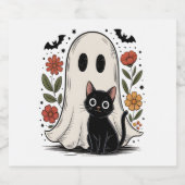 かわいいハロウィン幽霊と猫 スパークリングワインラベル (シングルラベル)