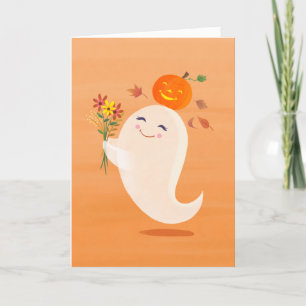 かわいいハロウィン幽霊と花 カード