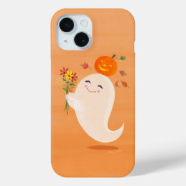 かわいいハロウィン幽霊と花 iPhone 15ケース