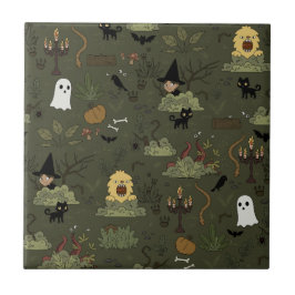 かわいいハロウィン幽霊のよく出るの森のパターン タイル