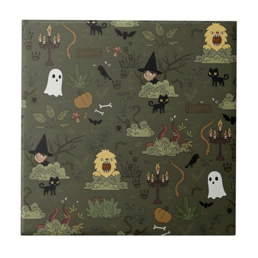 かわいいハロウィン幽霊のよく出るの森のパターン タイル (正面)