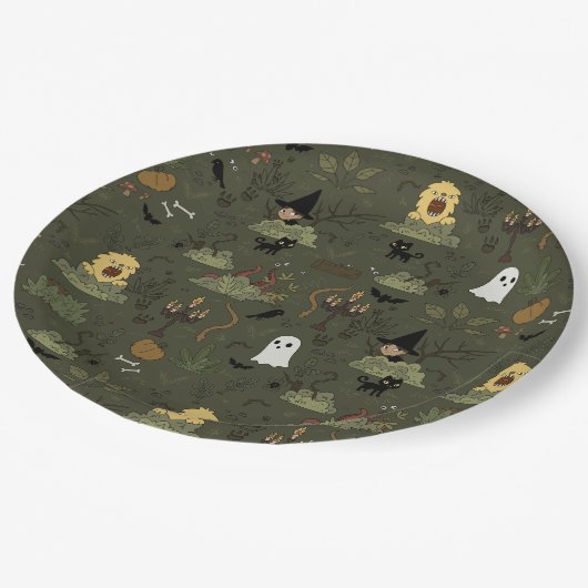 かわいいハロウィン幽霊のよく出るの森のパターン ペーパープレート (アングル)