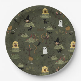 かわいいハロウィン幽霊のよく出るの森のパターン ペーパープレート