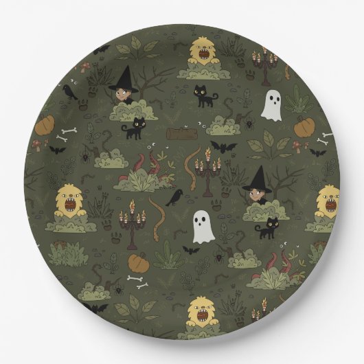 かわいいハロウィン幽霊のよく出るの森のパターン ペーパープレート (正面)