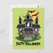 かわいいハロウィン幽霊のよく出るハウスと小さな魔女 ポストカード (正面/裏面)