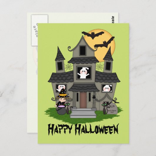 かわいいハロウィン幽霊のよく出るハウスと小さな魔女 ポストカード (正面/裏面)