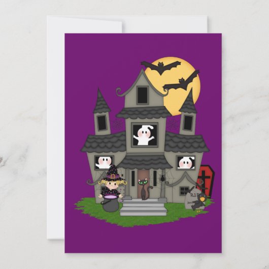 かわいいハロウィン幽霊のよく出るハウスと小さな魔女 招待状 (裏面)