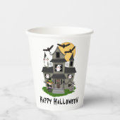 かわいいハロウィン幽霊のよく出るハウスと小さな魔女 紙コップ (正面)