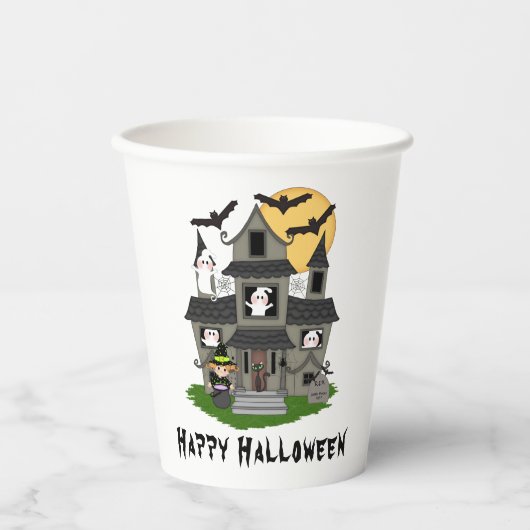 かわいいハロウィン幽霊のよく出るハウスと小さな魔女 紙コップ (正面)