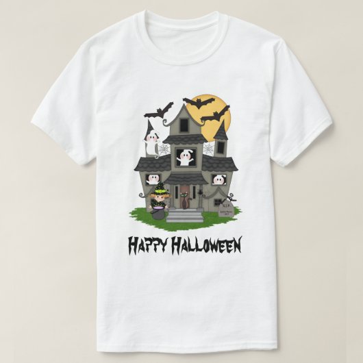 かわいいハロウィン幽霊のよく出るハウスと小さな魔女 Tシャツ (デザイン正面)