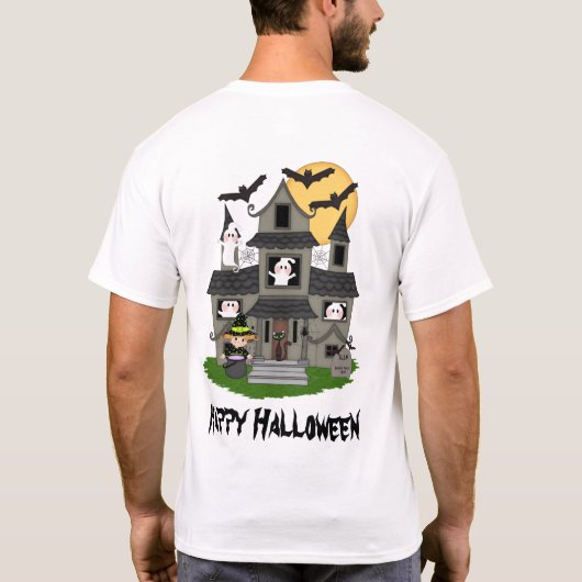 かわいいハロウィン幽霊のよく出るハウスと小さな魔女 Tシャツ (裏面)