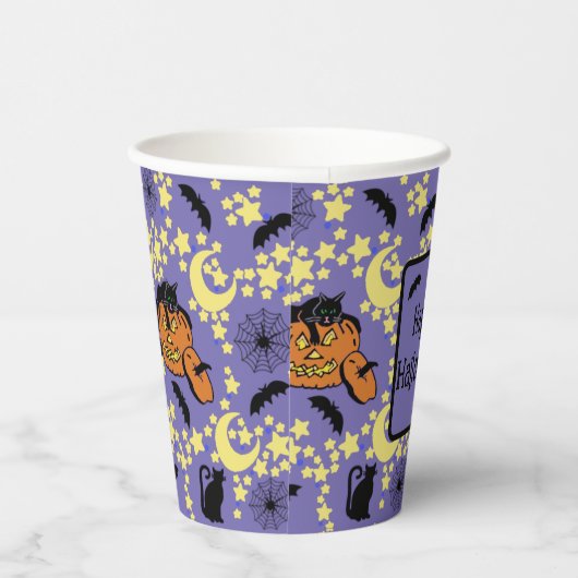 かわいいハロウィン猫とこうもり、スター 紙コップ (右)