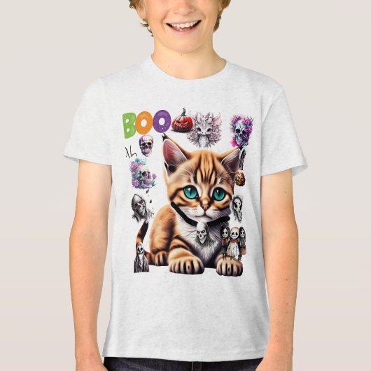 かわいいハロウィン猫とスカル トライブレンドTシャツ (正面)