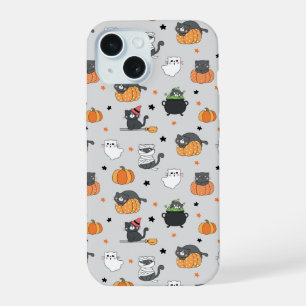 かわいいハロウィン猫と幽霊柄 iPhone 15ケース