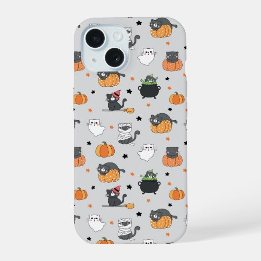 かわいいハロウィン猫と幽霊柄 iPhone 15ケース (裏面)
