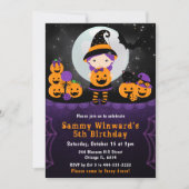 かわいいハロウィン魔女とカボチャの誕生日パーティー 招待状 (正面)