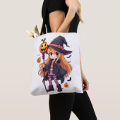 かわいいハロウィン魔女アニメガールステッカー トートバッグ (クローズアップ)