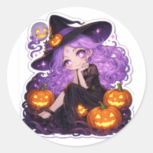 かわいいハロウィン魔女女子パンプキンステッカー ラウンドシール