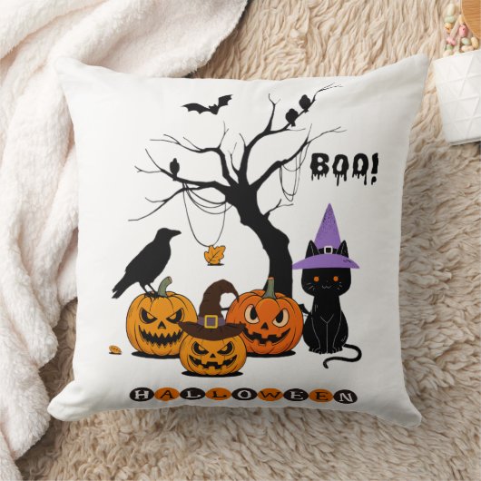 かわいいハロウィン黒猫とかぼちゃ クッション (ブランケット)