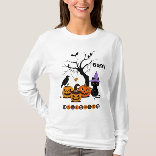 かわいいハロウィン黒猫とかぼちゃ Tシャツ (正面)