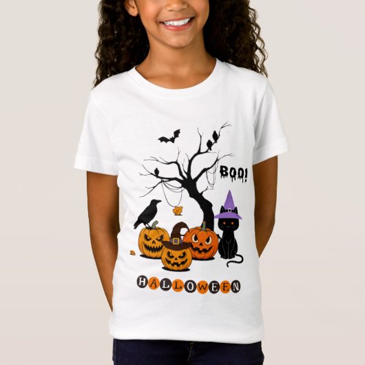 かわいいハロウィン黒猫とかぼちゃ Tシャツ (正面)