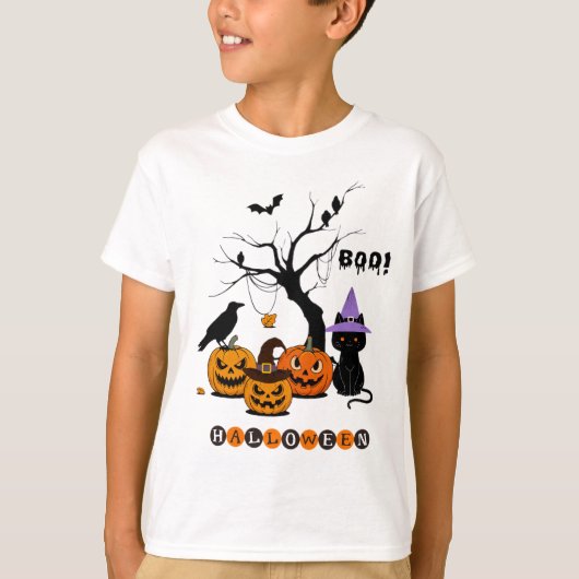 かわいいハロウィン黒猫とかぼちゃ Tシャツ (正面)