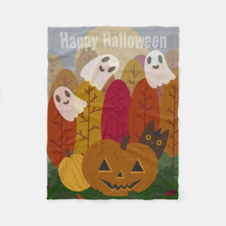 かわいいハロウィン黒猫と幽霊の秋のかぼちゃ フリースブランケット