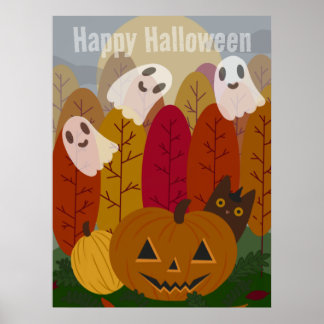 かわいいハロウィン黒猫と幽霊の秋のかぼちゃ ポスター