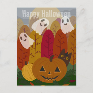かわいいハロウィン黒猫と幽霊の秋のかぼちゃ ポストカード