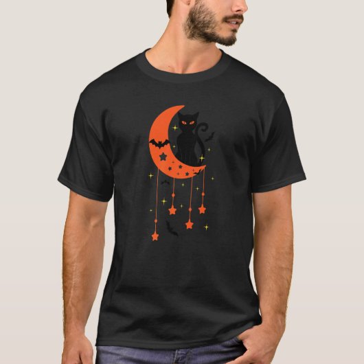 かわいいハロウィン黒猫と月 猫 Tシャツ (正面)