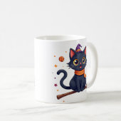 かわいいハロウィン黒猫のほうきマグ コーヒーマグカップ (正面右)