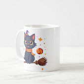 かわいいハロウィン黒猫のほうきマグ コーヒーマグカップ (正面左)