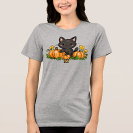 かわいいハロウィン黒猫オレンジパンプキン トライブレンドTシャツ