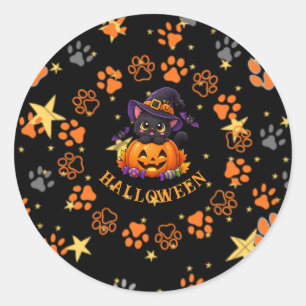 かわいいハロウィン黒猫パンプキンステッカー ラウンドシール