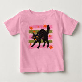 かわいいハロウィン黒猫ピンクグリーンストライプスター ベビーTシャツ
