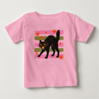 かわいいハロウィン黒猫ピンクグリーンストライプスター ベビーTシャツ