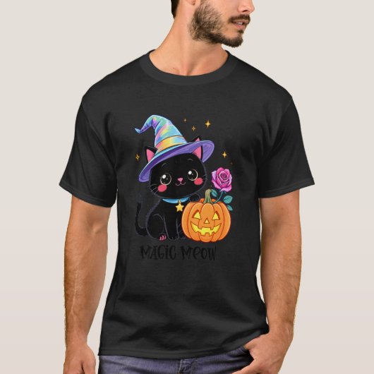 かわいいハロウィン黒猫魔女帽子カボチャバラ Tシャツ (正面)