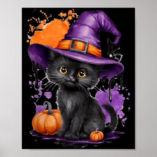 かわいいハロウィン黒猫魔女帽子カボチャ ポスター (正面)