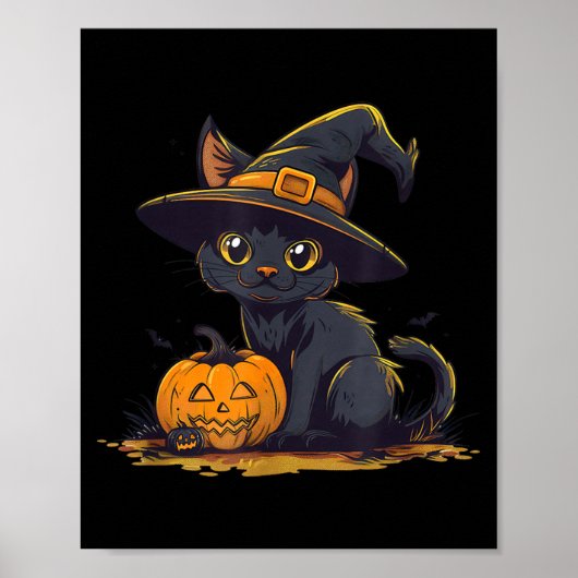 かわいいハロウィン黒猫魔女帽子パンプキン ポスター (正面)