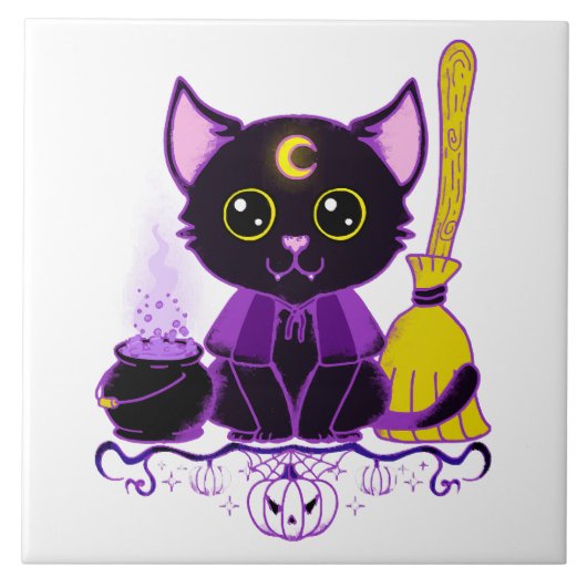 かわいいハロウィン黒猫魔女 タイル (正面)