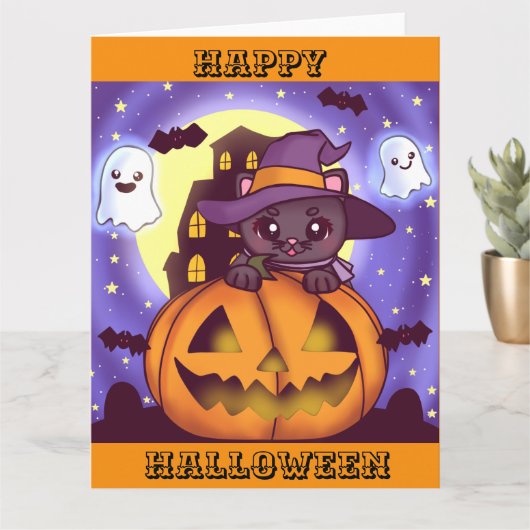 かわいいハロウィン10月の魔女ねこ カード (小さな植物)