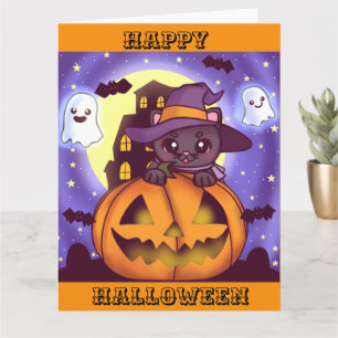 かわいいハロウィン10月の魔女ねこ カード
